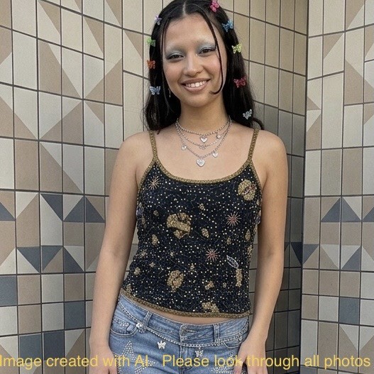 VTG Astrology Silk Beaded Sequin Top Womens M Zodiac Celestial Horoscope Whimsy