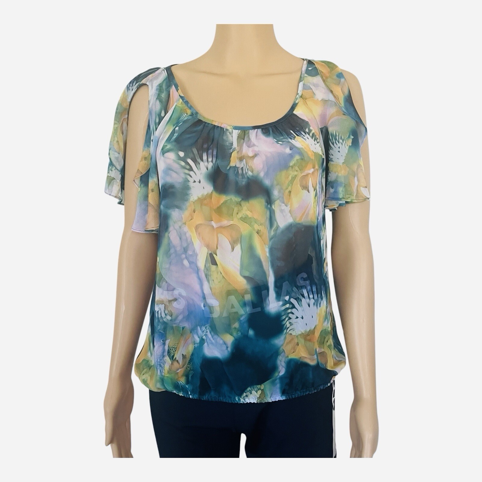 ANA abstract print flare sleeves blouse top cold shoulder ruched scoop neck MP