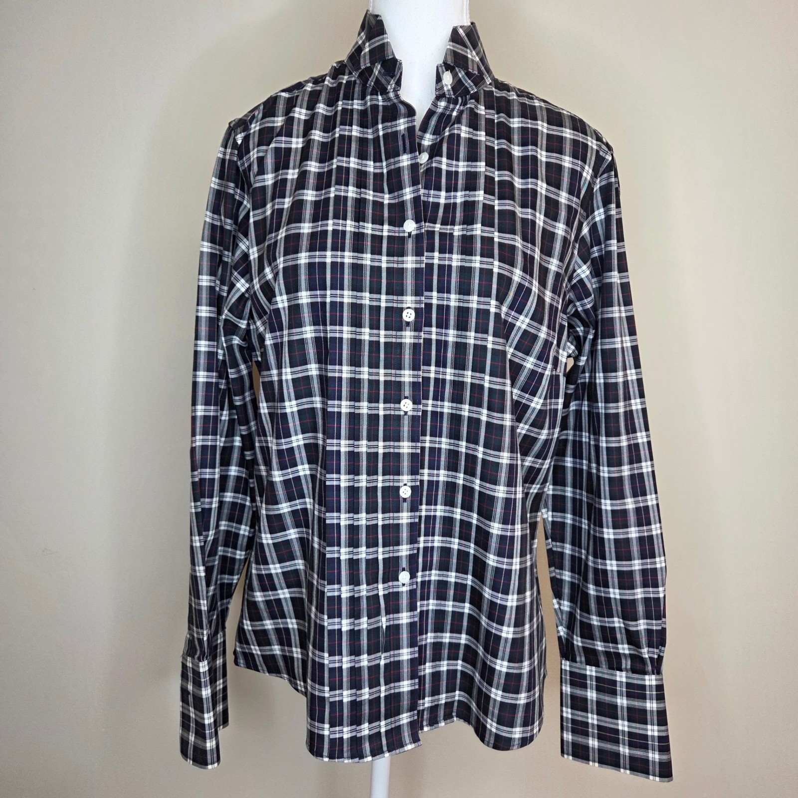 Brooks Brothers 346 Navy Plaid Pleated Front Cotton Button Down Shirt Womens 12