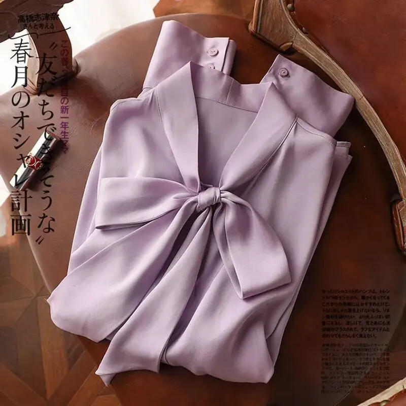 Chiffon Blouse for Women Solid Color Long Sleeve Bandage Bow Shirts Loose Summer