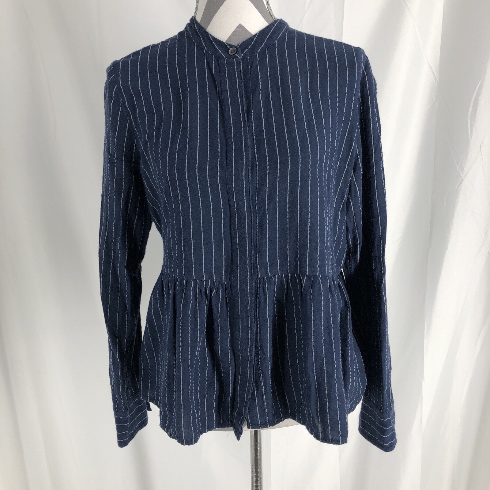 CASLON LINEN WOMEN BLUE WHITE STRIPED BUTTON DOWN FRONT SHIRT SIZE SMALL