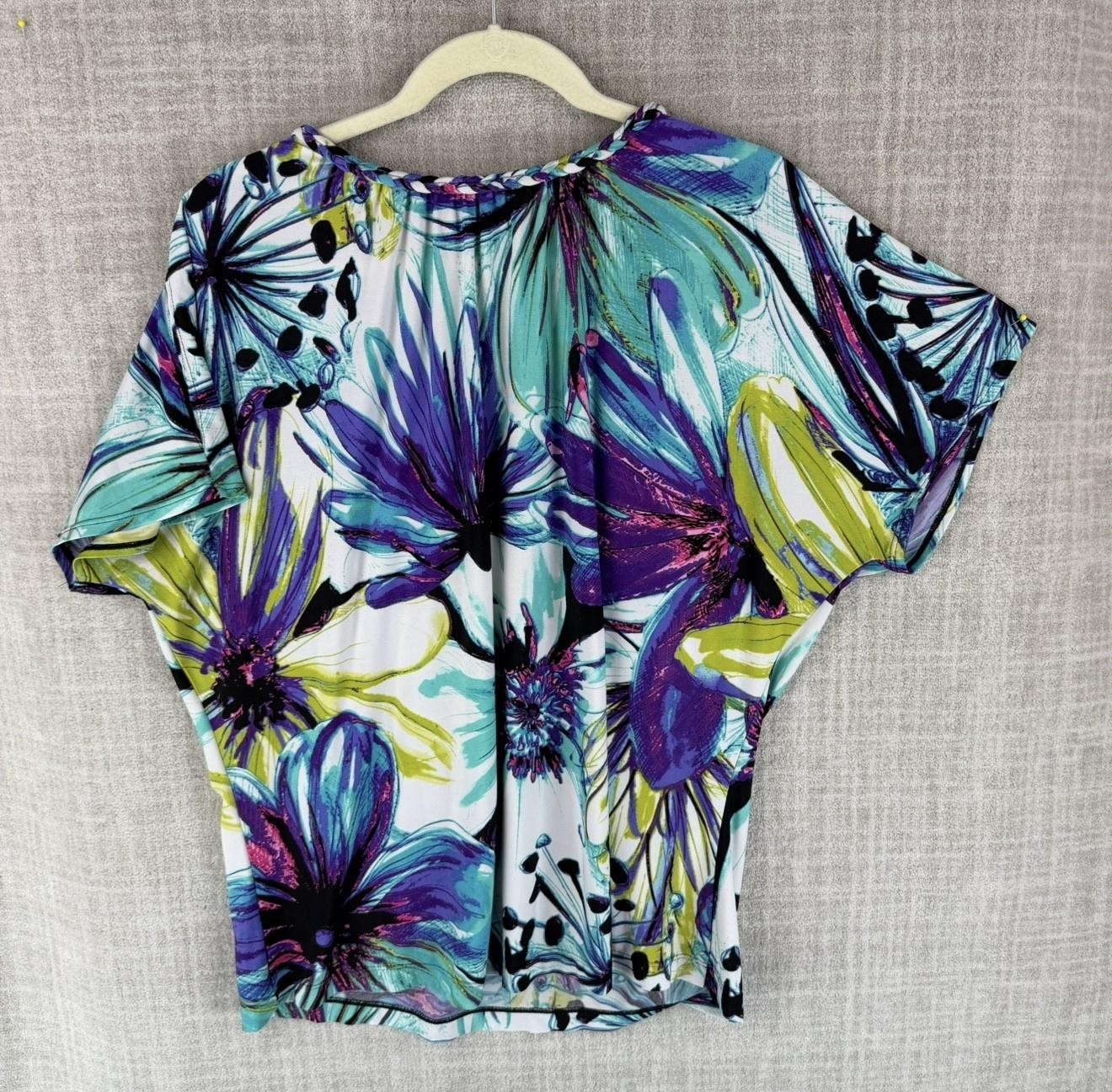 Nue Options Blouse Womens L Multicolor Floral Kimono Sleeve Stretch Lightweight