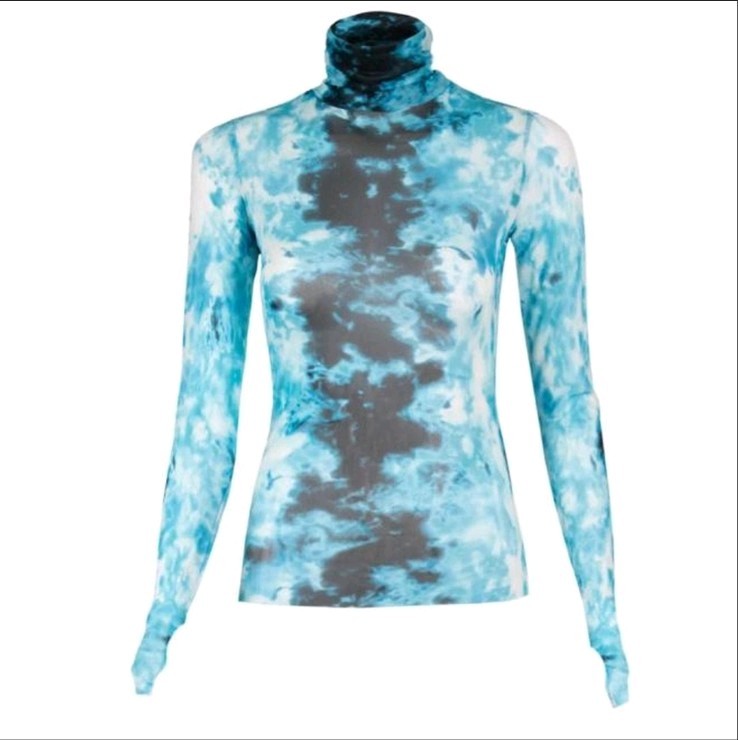 AFRM Blue Tie Dye Mesh Sz M Turtleneck Top Thumbhole Long Sleeve Stretch