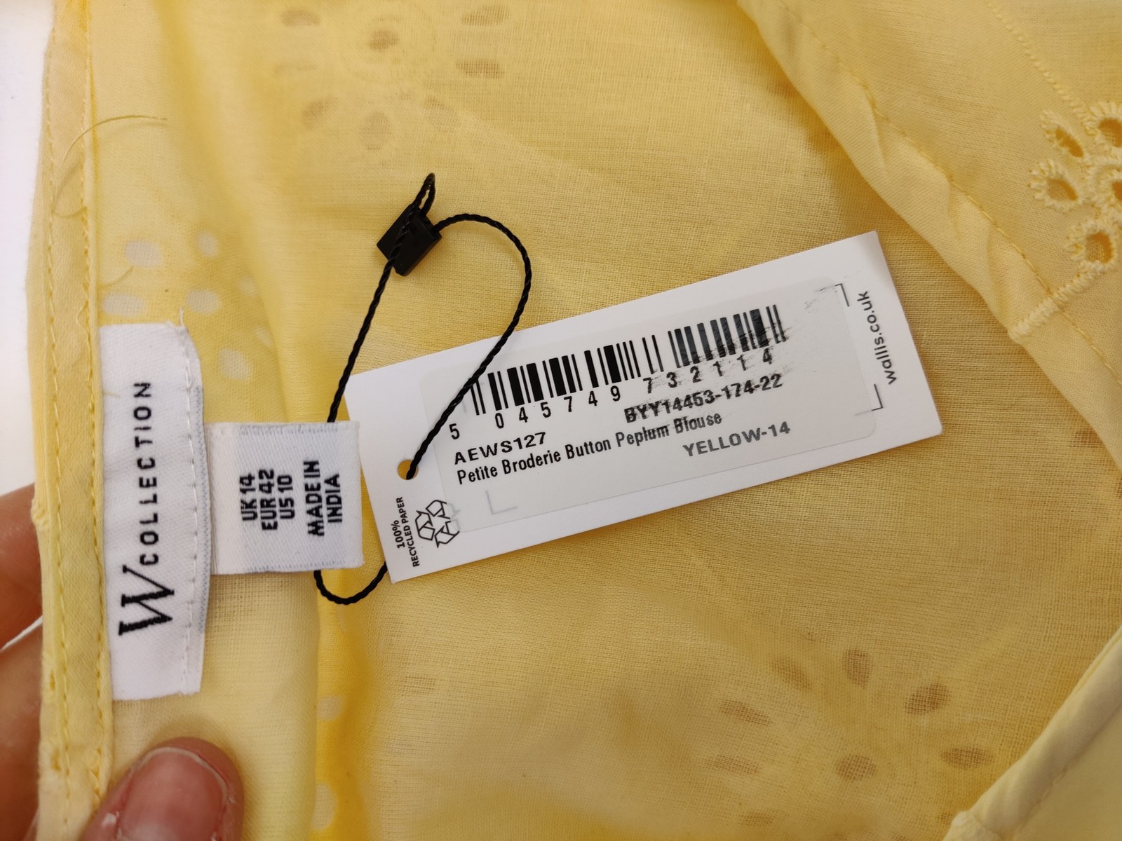 BNWT WALLIS YELLOW UK 14 PETITE BLOUSE TOP BRODERIE PEPLUM LONG SLEEVE WOMENS