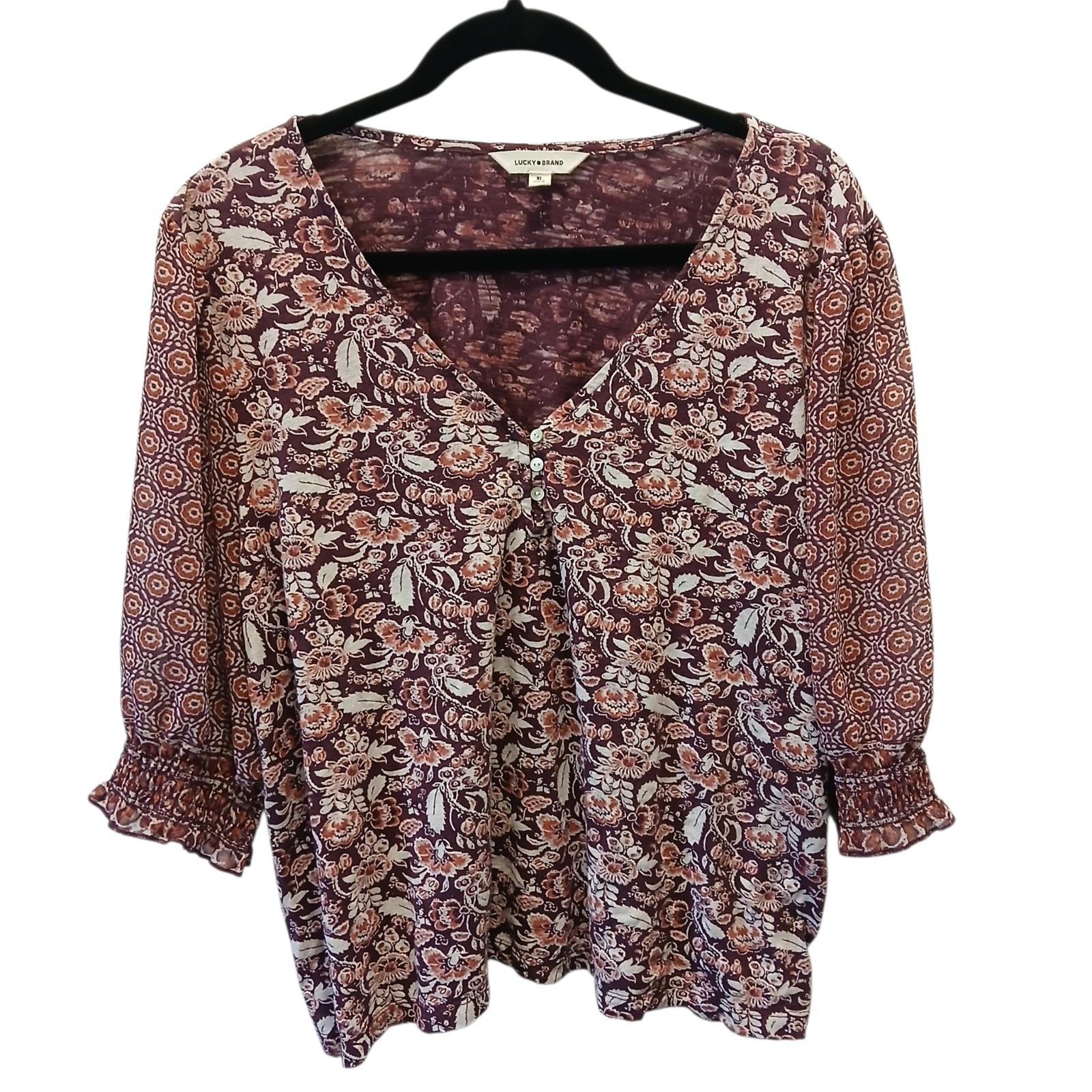 Lucky Brand Top Womens Sz XL Floral V Neck Puff Sleeve Boho Cottagecore Blouse