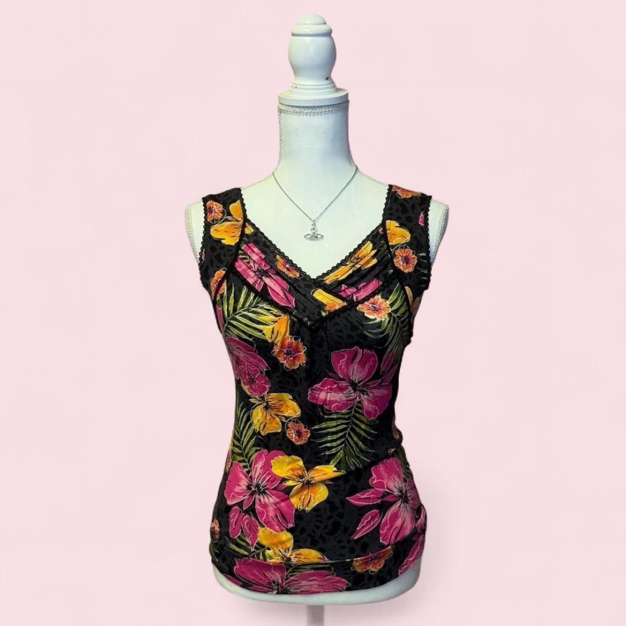 Vintage Y2K American Rag Cie Black Tropical Floral Tank Top Size Medium