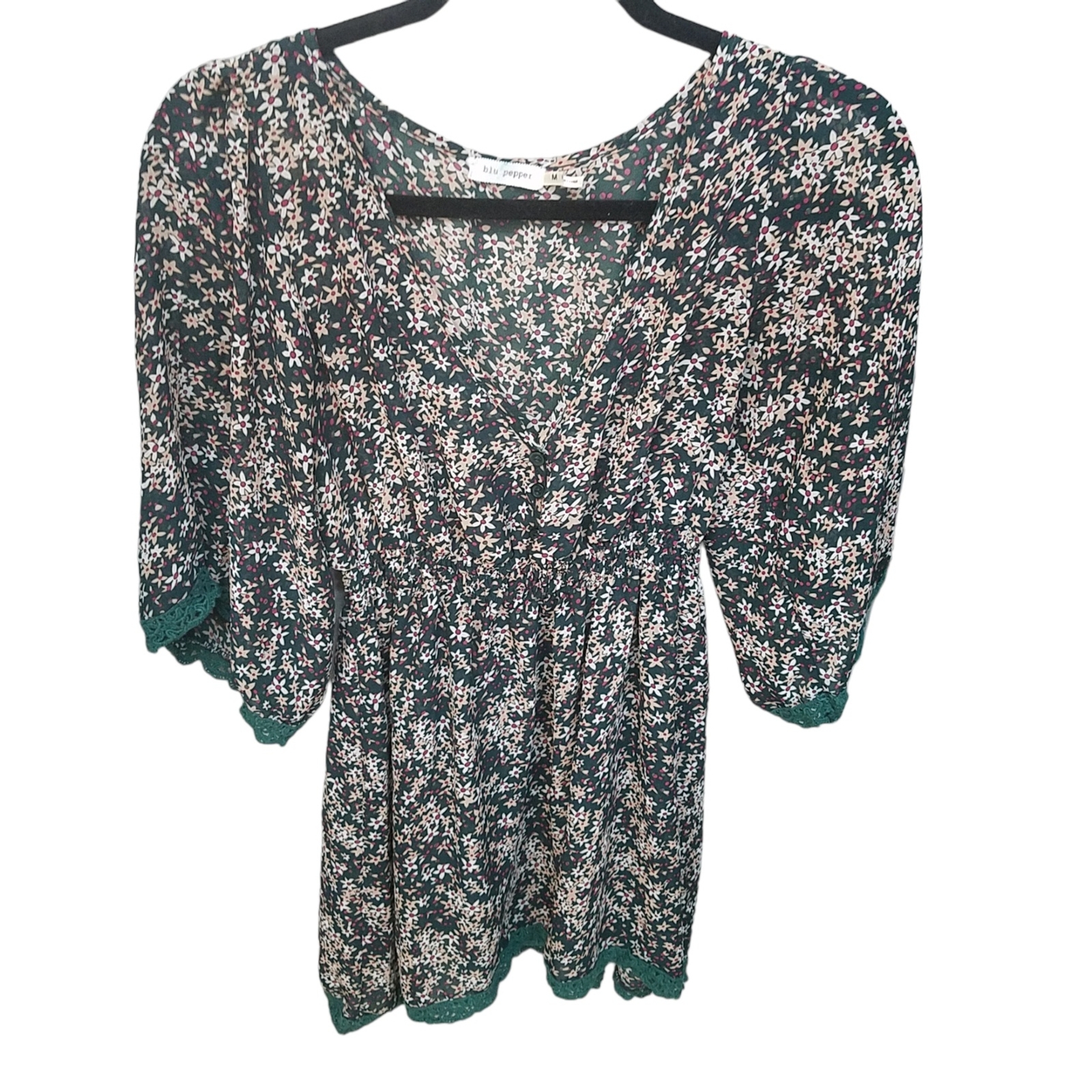 Blu Pepper Womens Sz M Green Floral Short Sleeve Long Blouse