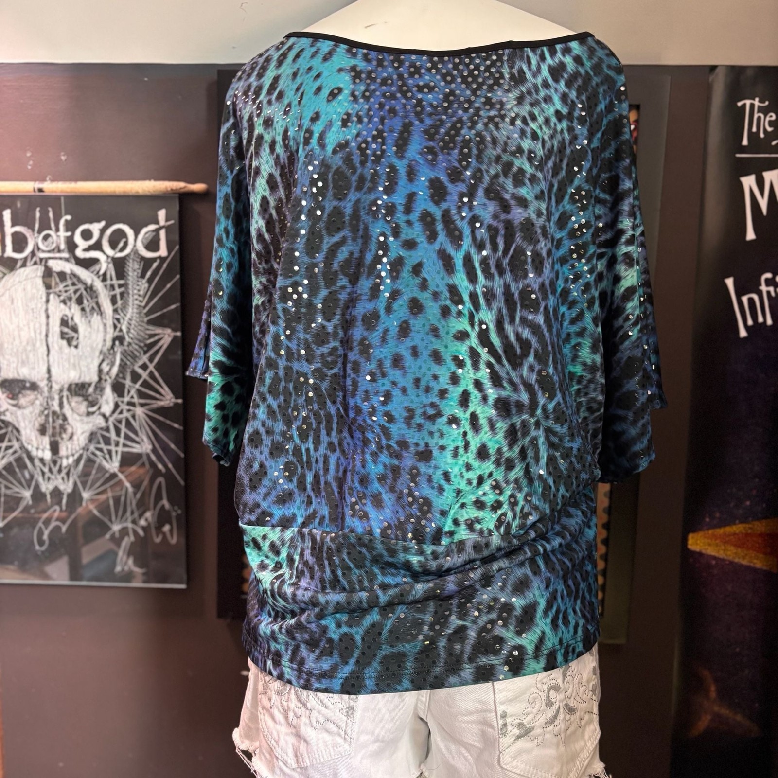 Clara Sunwoo Women’s Blue and Green Leopard Print Sequined Dolman Sleeve Top