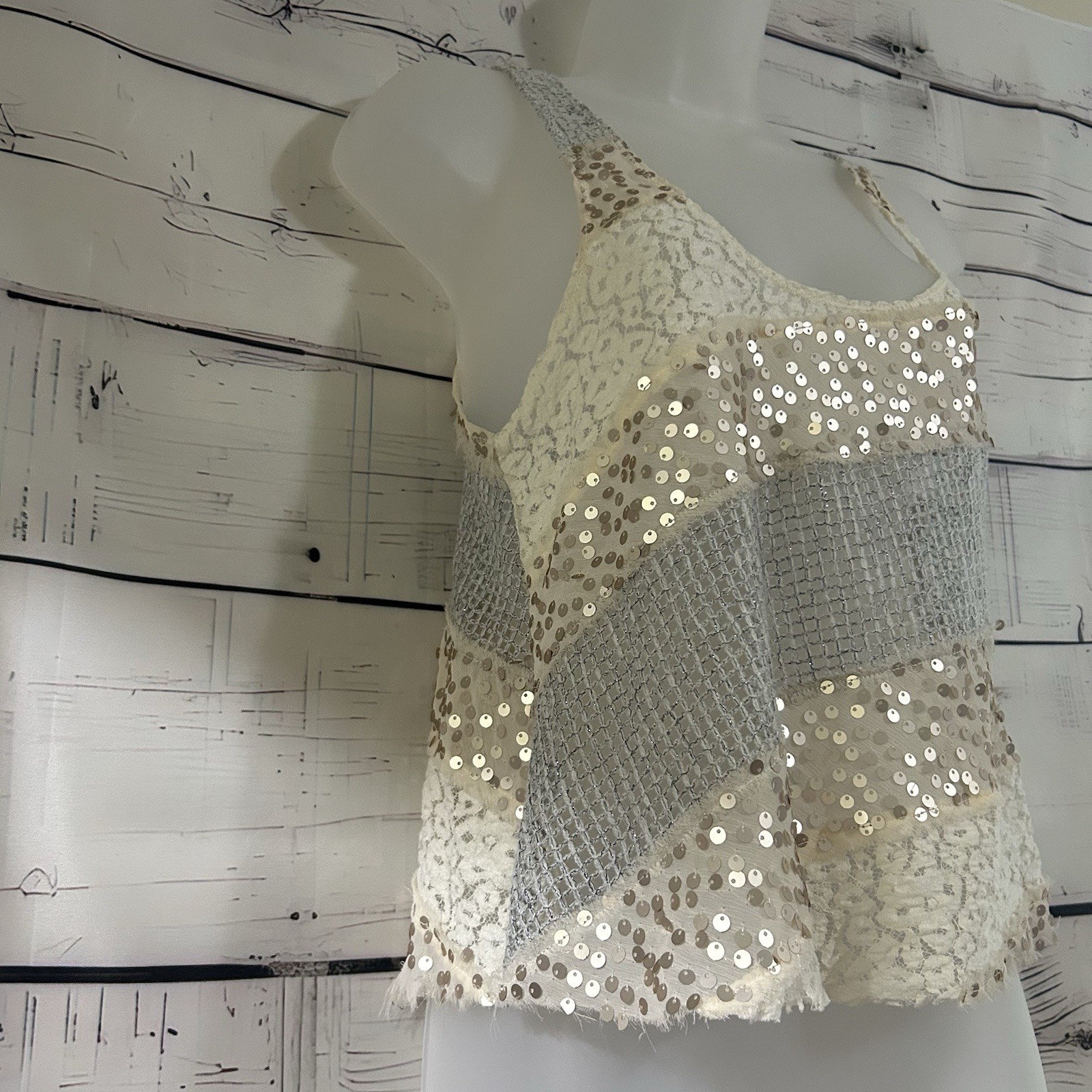 Free People Women’s Sleevless Gold Sequined Sheer Lace Top Size S Small