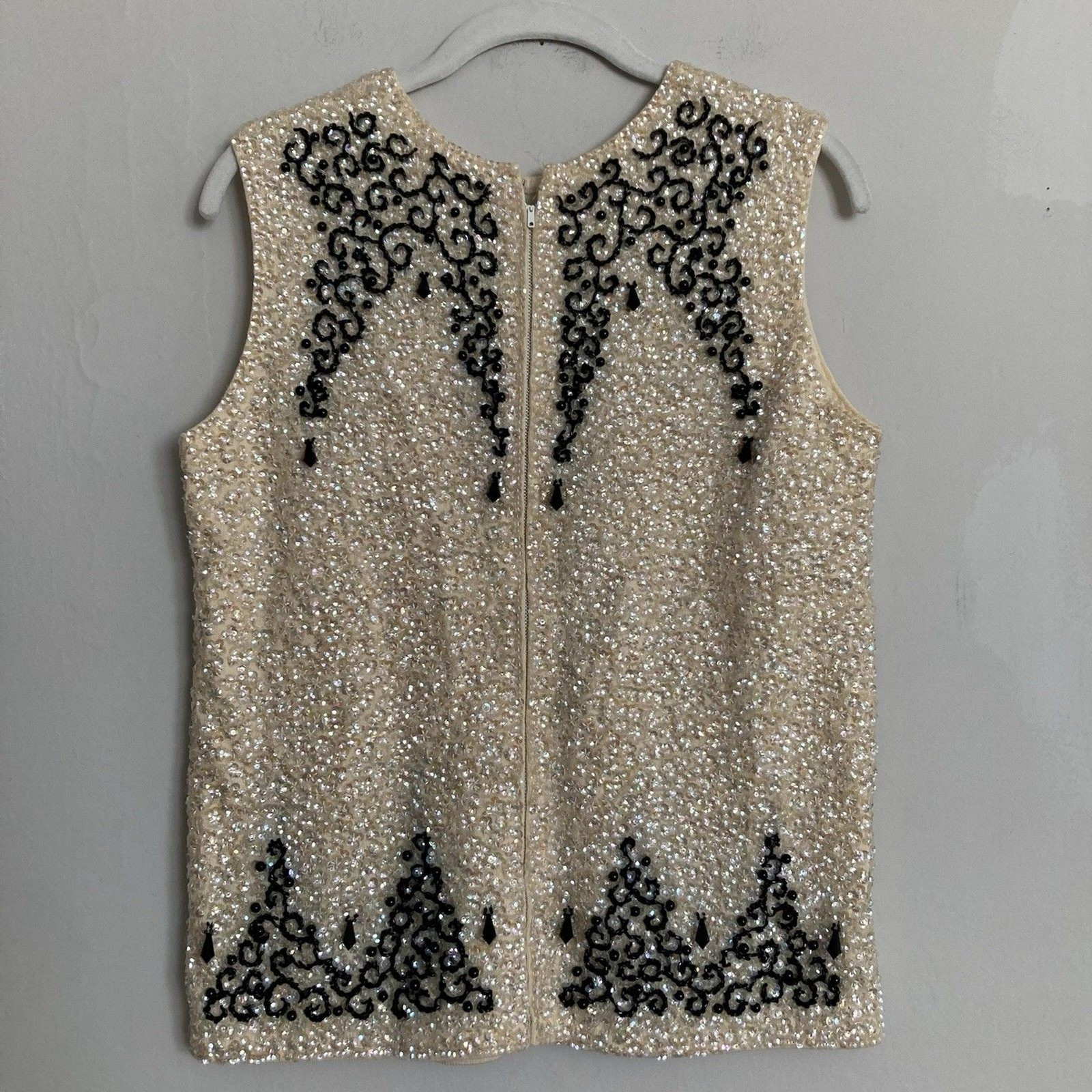 Vintage 50’s Orbach’s Beaded Top Blouse Size 36 Sleeveless Zip Front 100% Wool