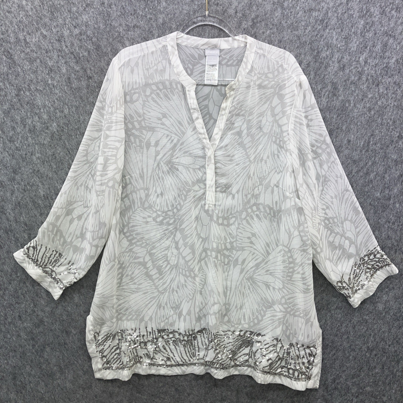 Chicos 4 Sheer Topper Tunic Shirt Womens 20-22 White Gray Sequins