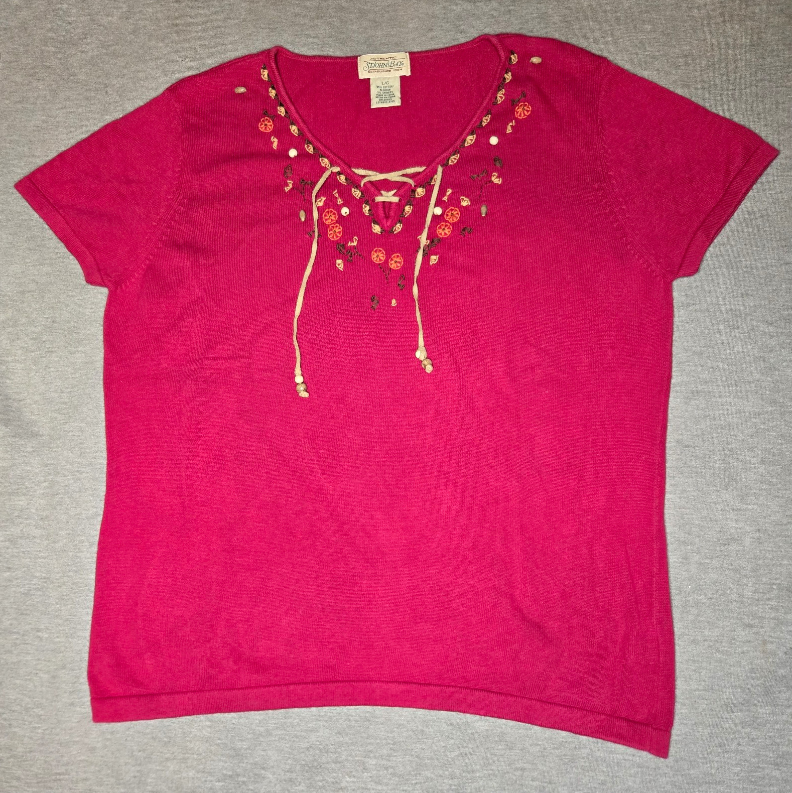 St. John’s Bay Women’s L Pink Short Sleeve V-Neck Lace-Up Embroidered Knit Top