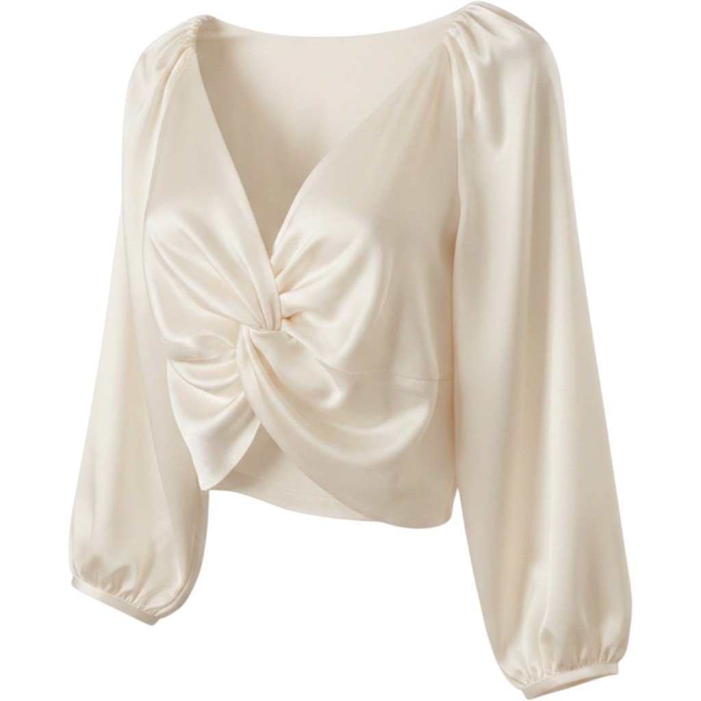 Endless Rose Front Twist Top Cream Satin Puff Sleeve V-Neck Blouse HN214T M
