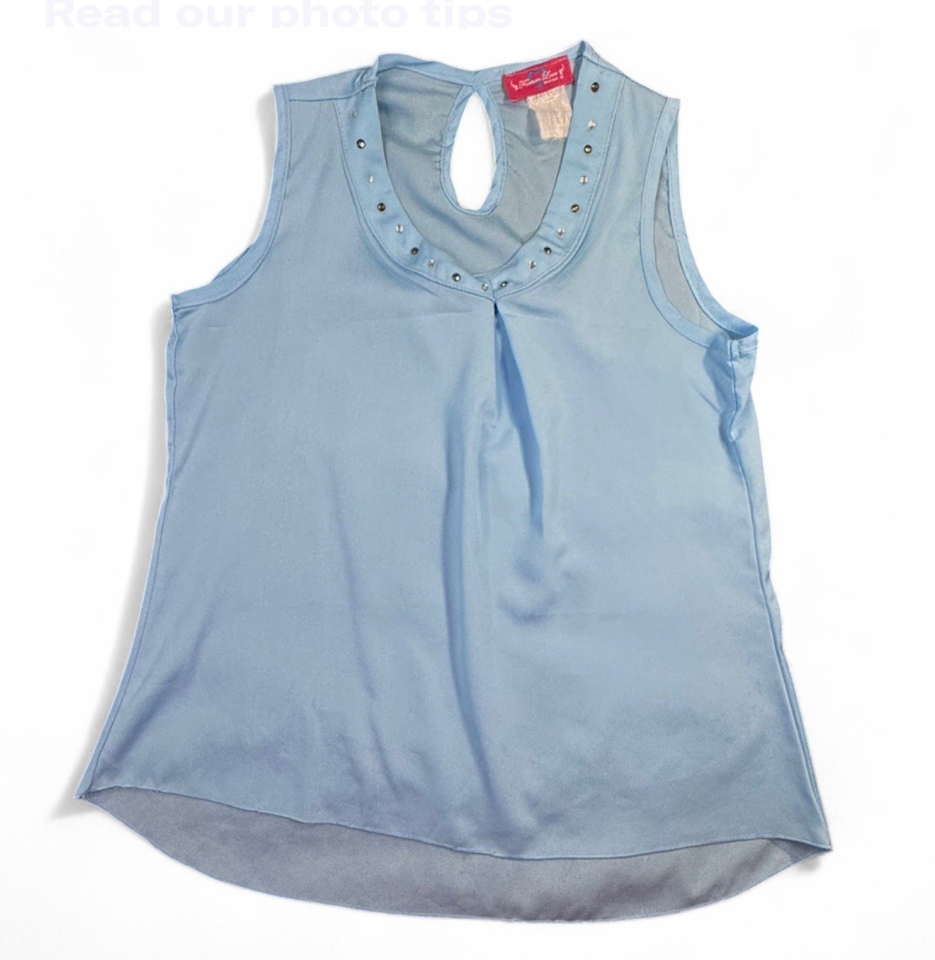 LIGHT BLUE SLEEVELESS TOP RHINESTONE EMBELLISHMENTS, CHEST 34 IN, LENGTH 24 IN