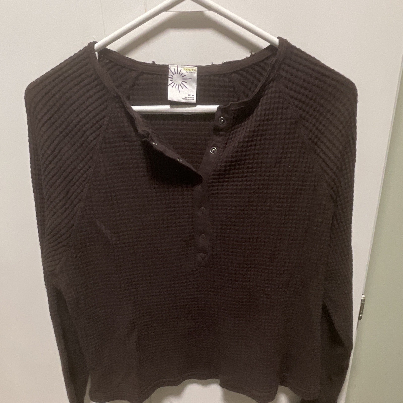Officine Generale Brown Solid Henley Waffle Knit Long Sleeve Pullover Top M