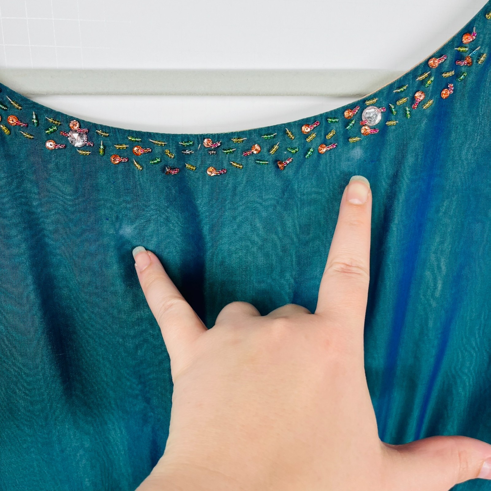 E by eci Blue & Green Beaded Handkerchief Hem Silk Blend Fairycore Tank Top 18W