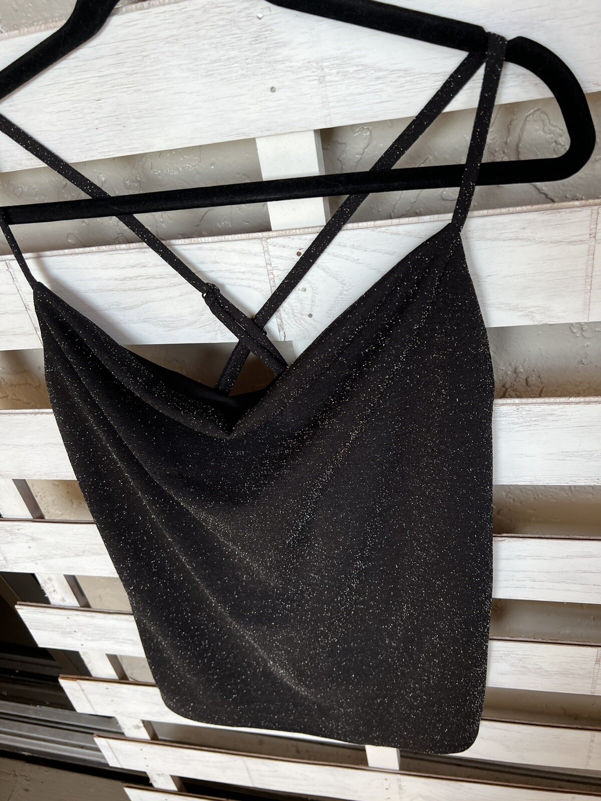 Kaileigh Womens Vanessa Back Cross Shiny Metallic Black Knit Stretch Top L