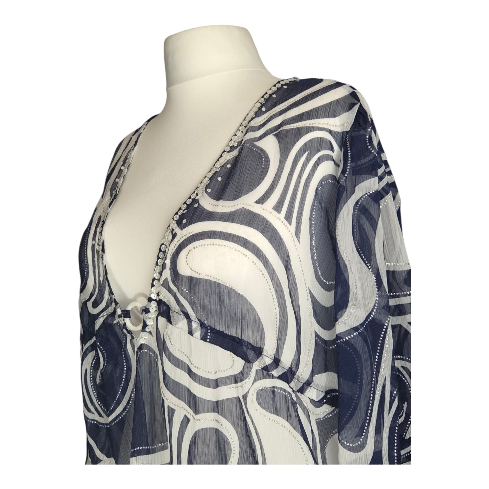F&F Navy Blue White Sheer Chiffon Beaded Beach Tunic Kaftan Cover Up XL 20/22 UK