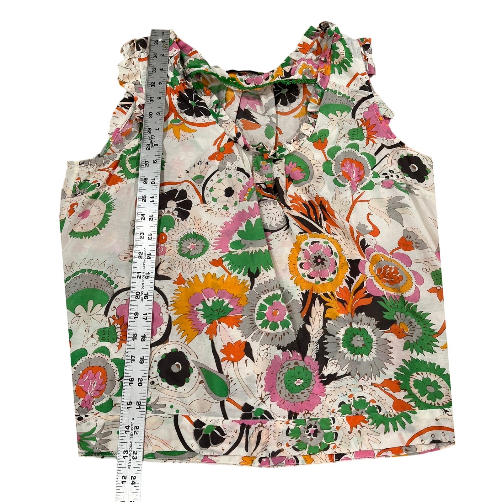 Leifsdottir Floral Psychedelic Ruffle Sleeveless Blouse Multi Color Size 12