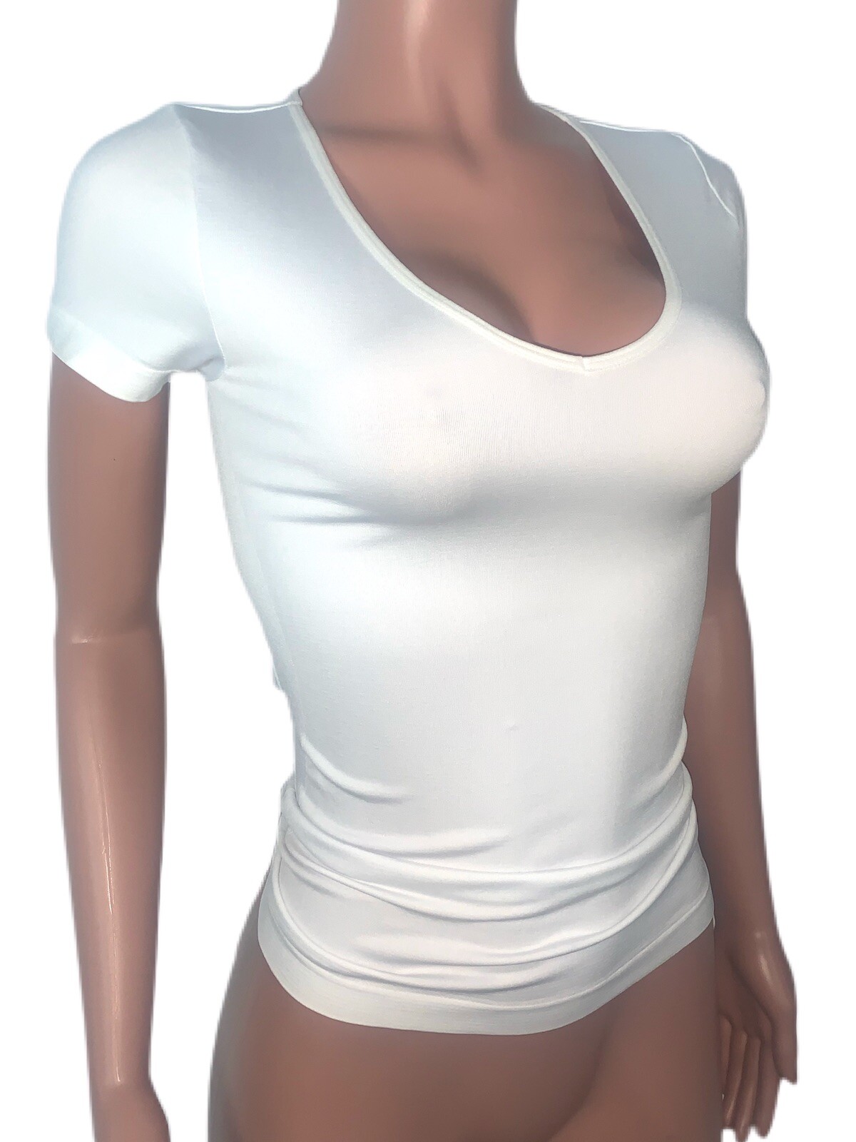 Basic White Seamless Stretch Tight V-neck Nylon T-shirt Top Nwt Os Casual Office