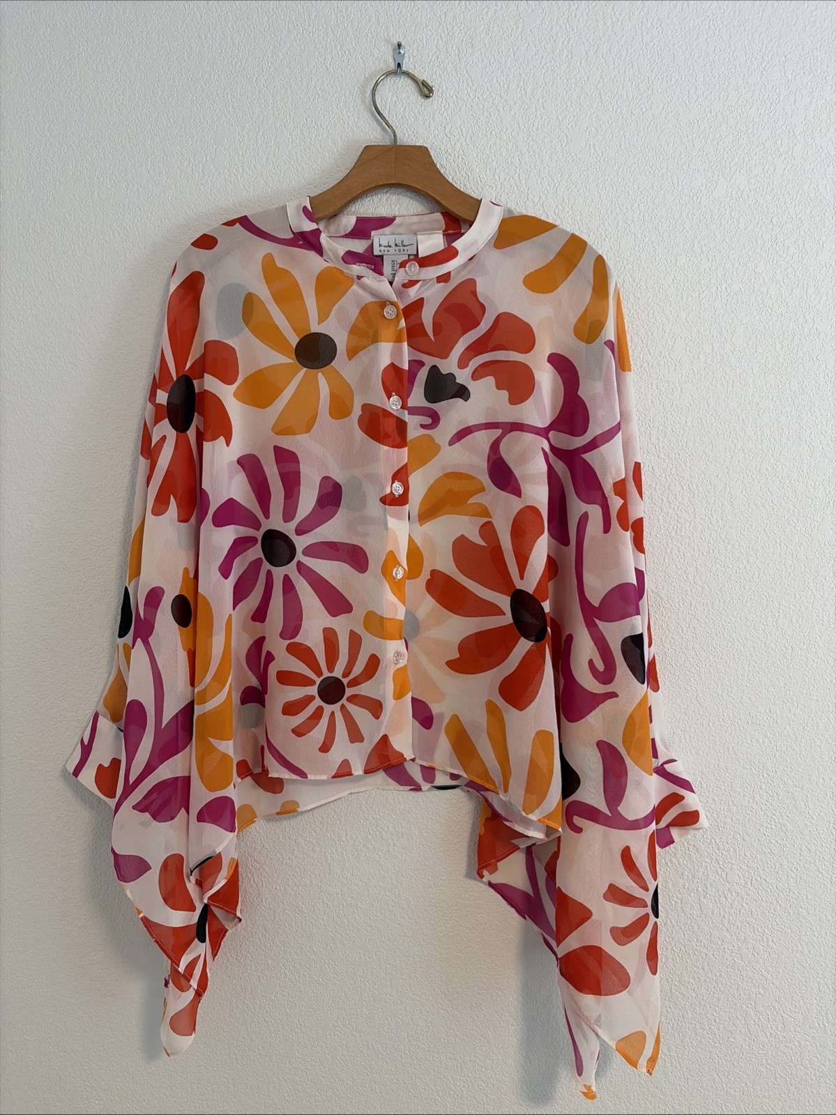 NEW Nicole Miller New York L White Floral Sheer Long Sleeve Flower Cover Up