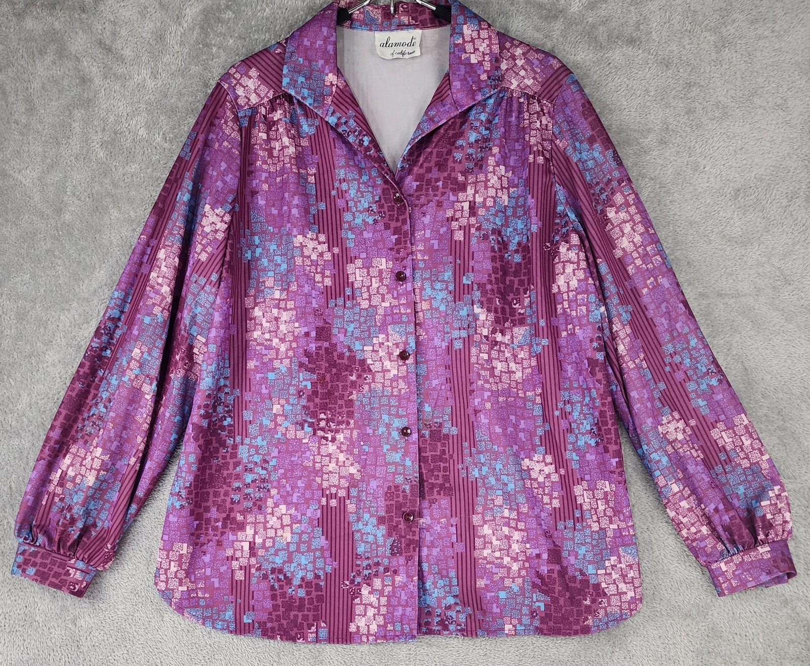 Alamode of California Shirt Womens Medium Purple Geometric Blouse 80s Vintage