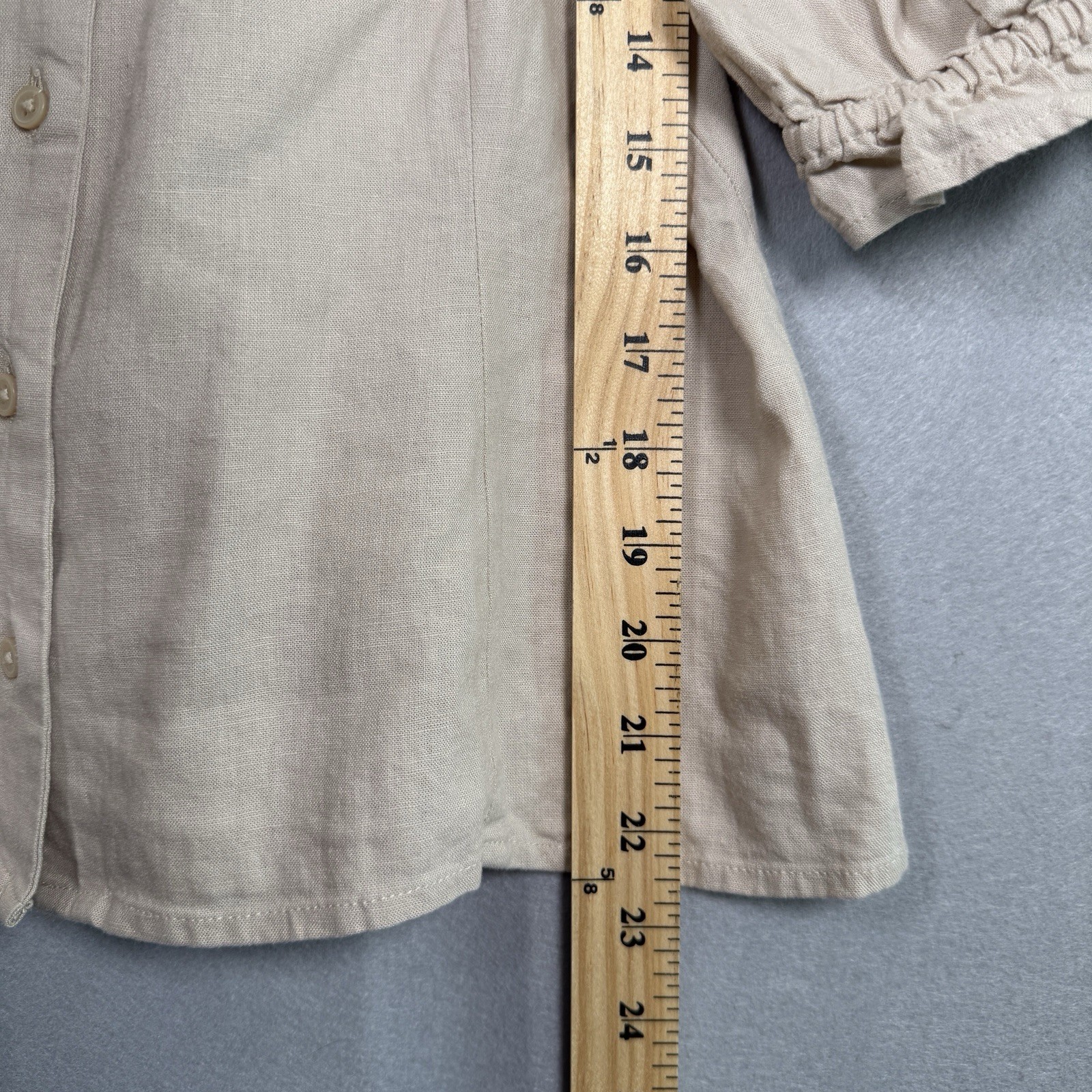 Peasant Top Boho Hippie Puff Sleeve Fitted Waist Beige Linen Blend Sz M
