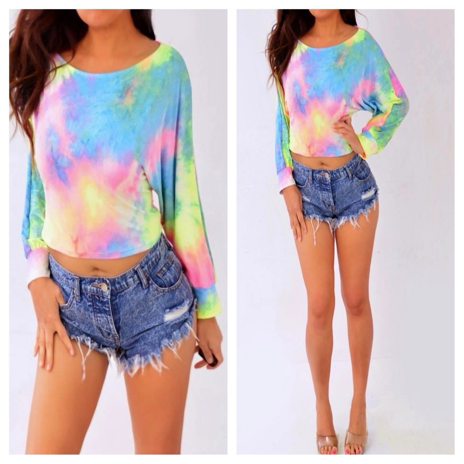 Yellow Blue Pink Purple Tie Dye Dolman Cropped Shirt Top Large L NWT
