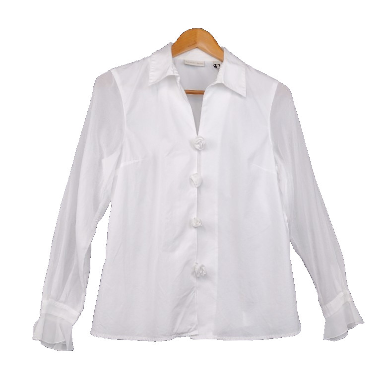 VTG Amanda Smith White Shirt Size 10 Sheer Sleeves Rosette Buttons 100% Cotton