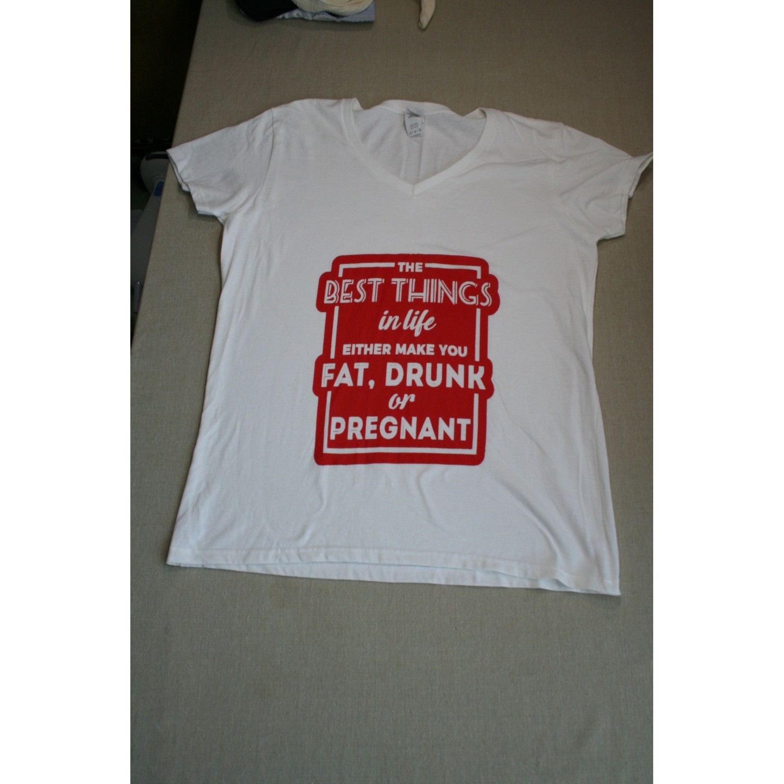 Gildan White V-Neck Graphic Tee Fat Drunk or Pregnant Funny Slogan T-Shirt L