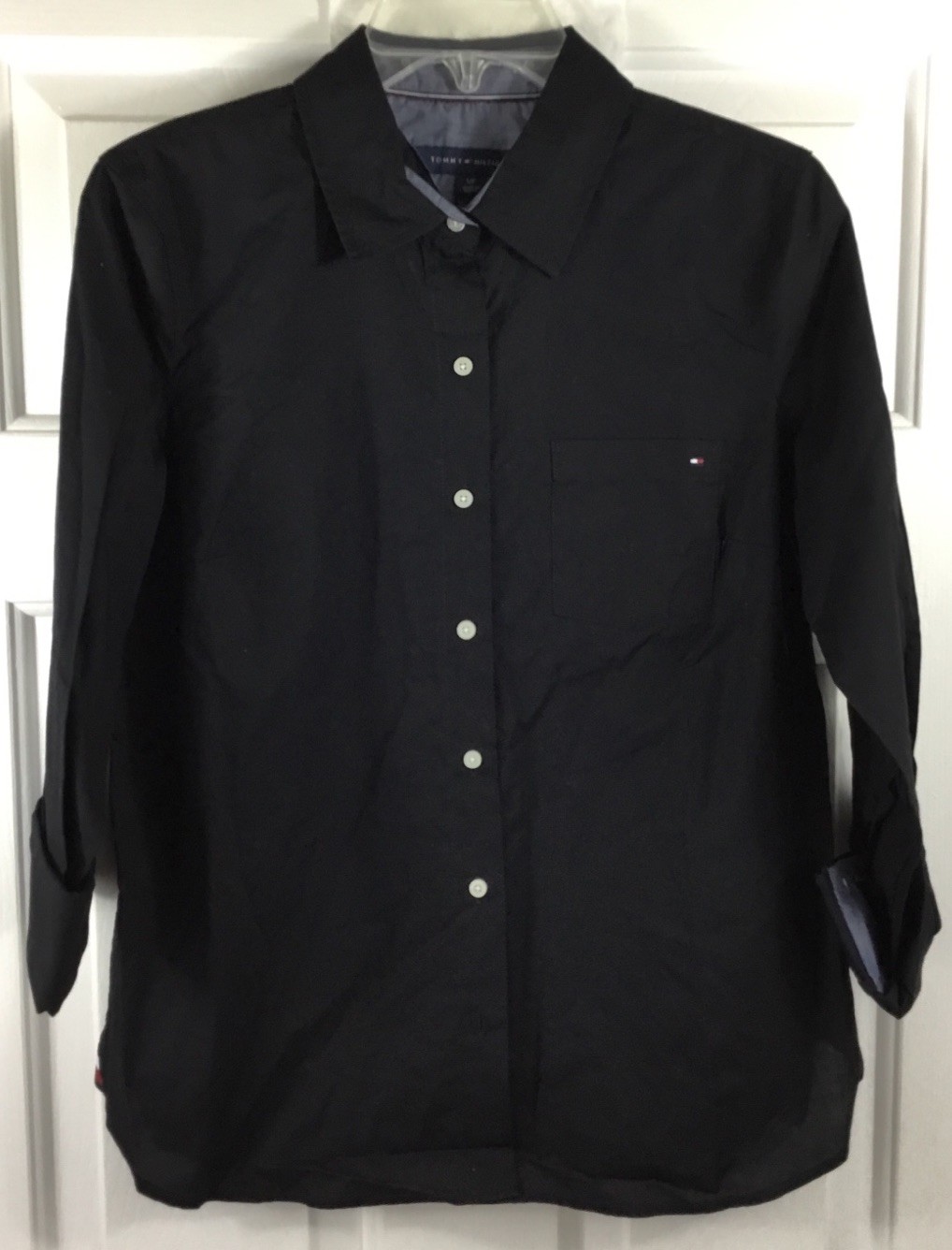 Tommy Hilfiger Heritage Shirt Women’s S Black Roll Tab Sleeve 100% Cotton New