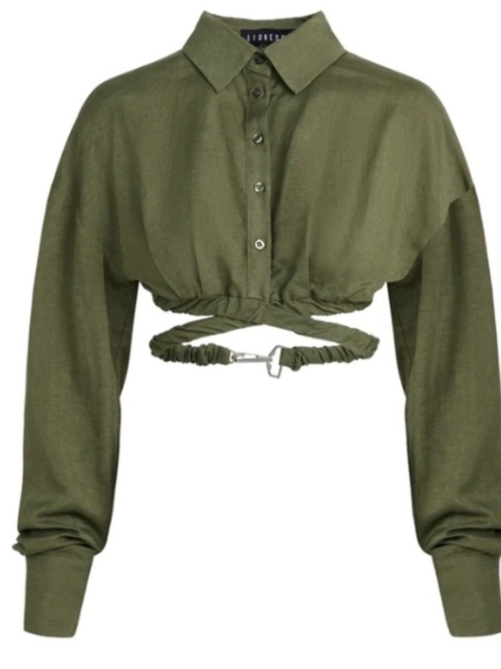 Lioness Seville Green Cropped Long Sleeved Shirt Waist Tie Size Small