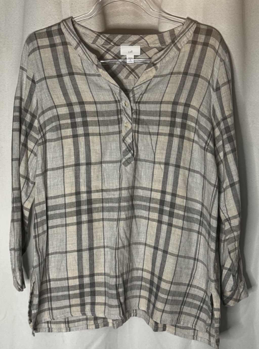 J.Jill Shirt Womens Medium Petite Gray Plaid Thigh Length Long Sleeve Button Up