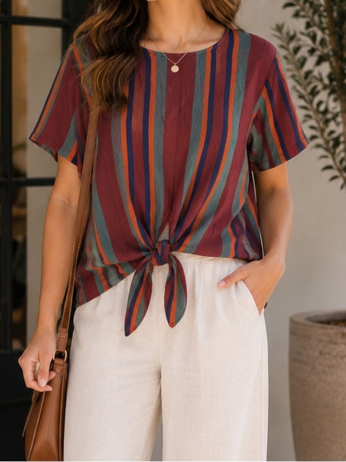 Madewell XL Striped Tie Front Blouse Burgundy Green Blue Short Sleeve Top