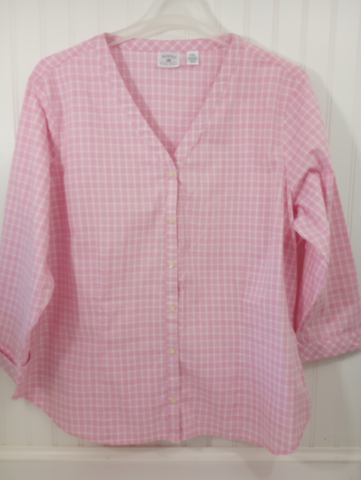 Riders by Lee Easy Care Button Up Top XXL 3/4 Sleeve Pink Check V-Neck NWOT