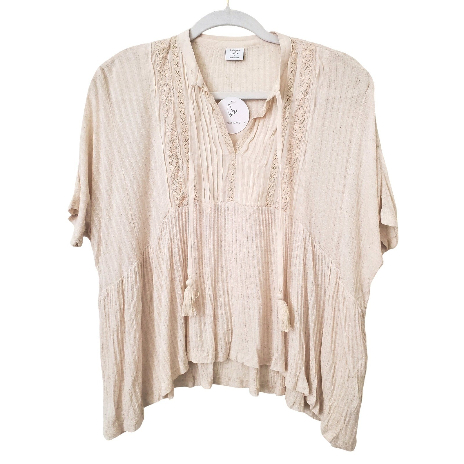 NWT Patrons of Peace Womens Tassels Lace Trim VNeck Top Size S Bohemian Babydoll