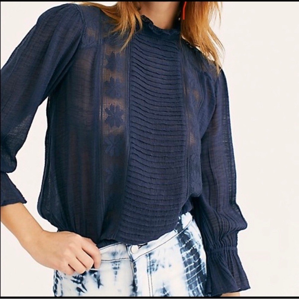 Free People Navy Blue Lace Pleated High Neck Button Back Boho Blouse Small NWT