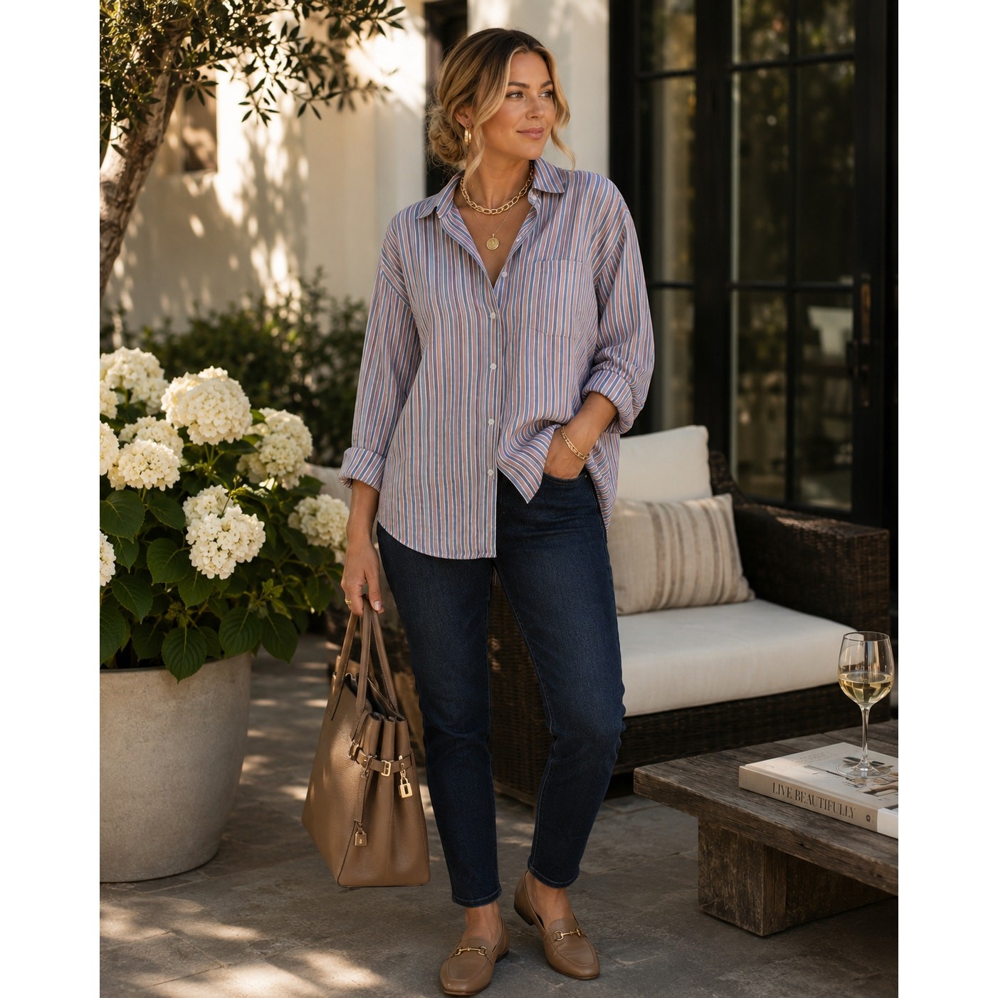Frank & Eileen multi-stripe button-down shirt rust, blue neutral tones Size M