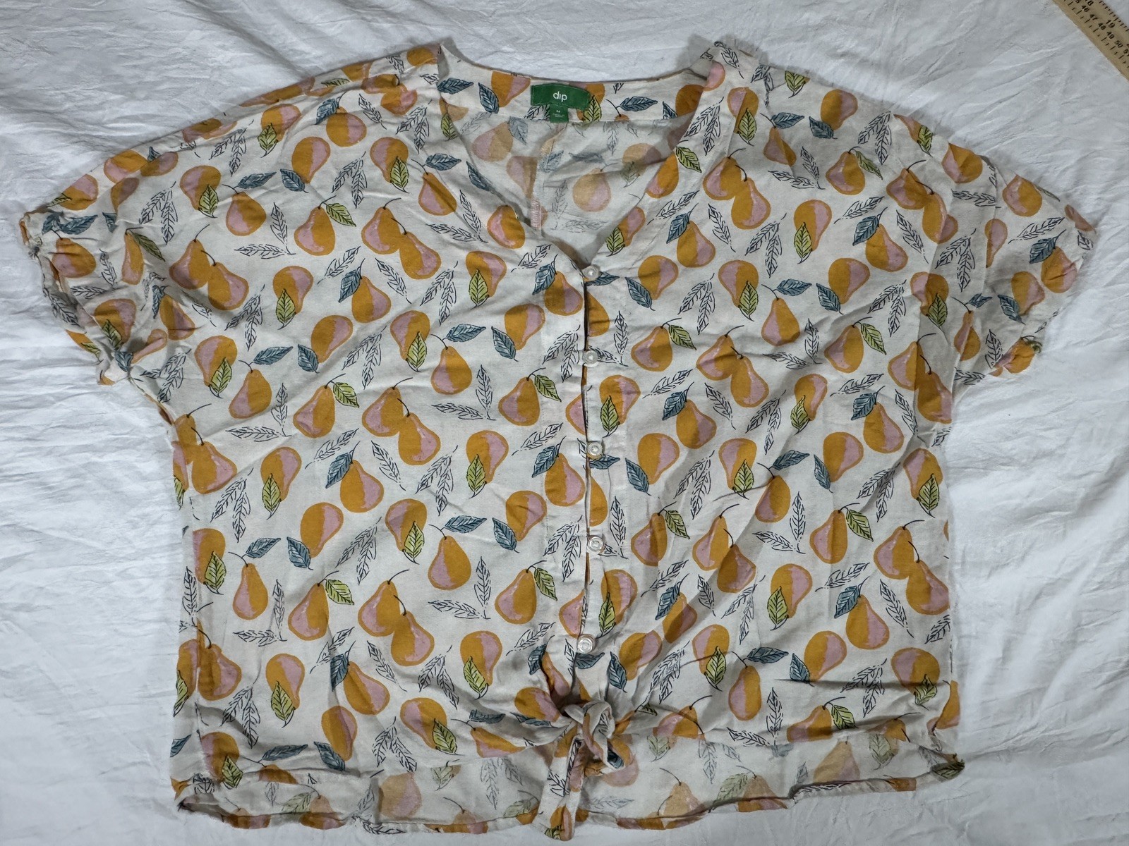 Dip Womens Top M Pear Fruit Print Tie Front Short Sleeve Linen Blend Oversized
