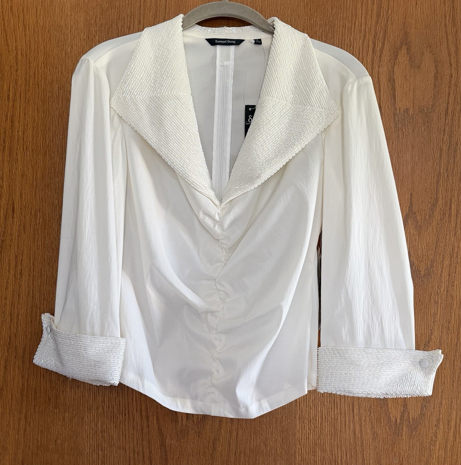 Samuel Dong White Ruched Front Beaded Collar & Cuffs Special Occasion Top L READ