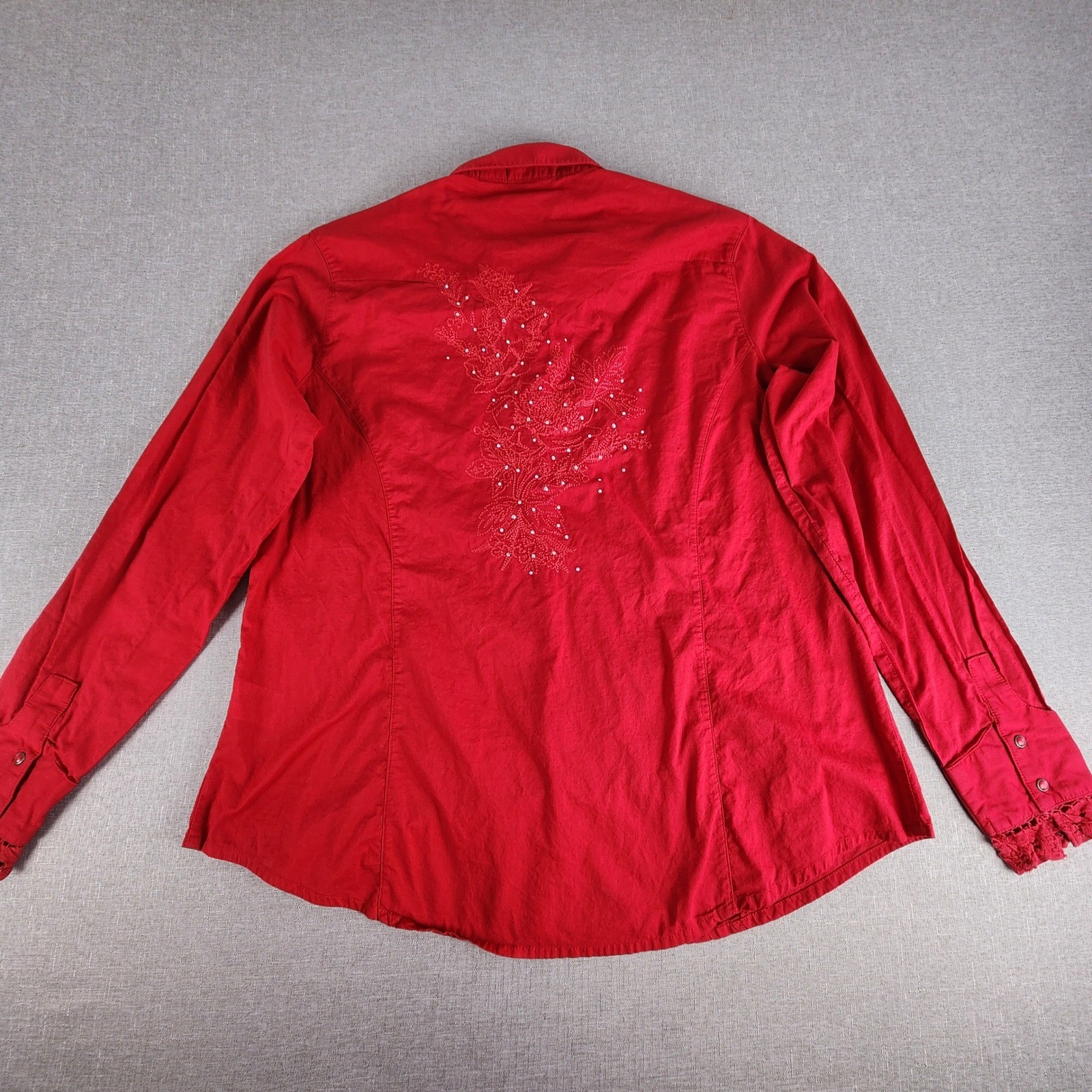 Wrangler Womens Large Red Western Button Shirt Rhinestone Embroidered Lace Cuff