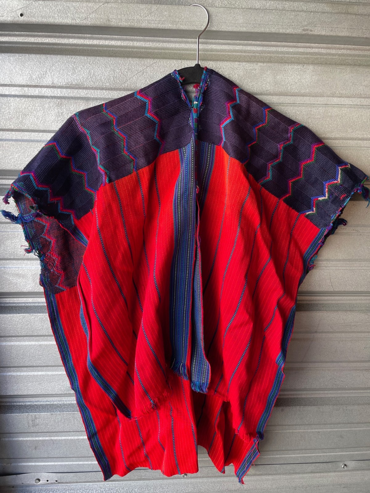Vintage South American Red Purple Blue Green Embroidered Woven Huipil Tunic