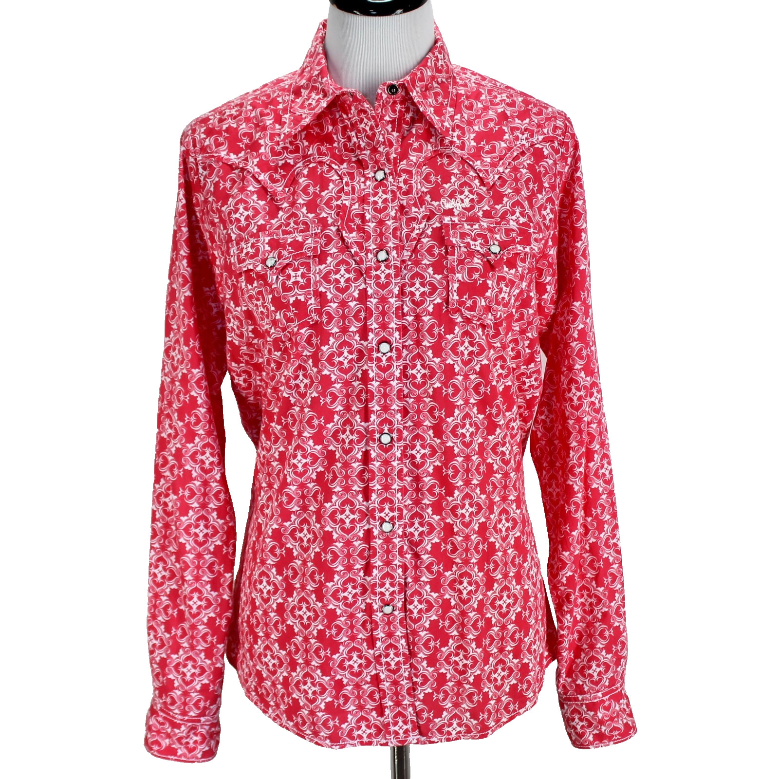 Cruel Girl Western Shirt Womens Size L Pink White Pearl Snap Front Long Sleeve