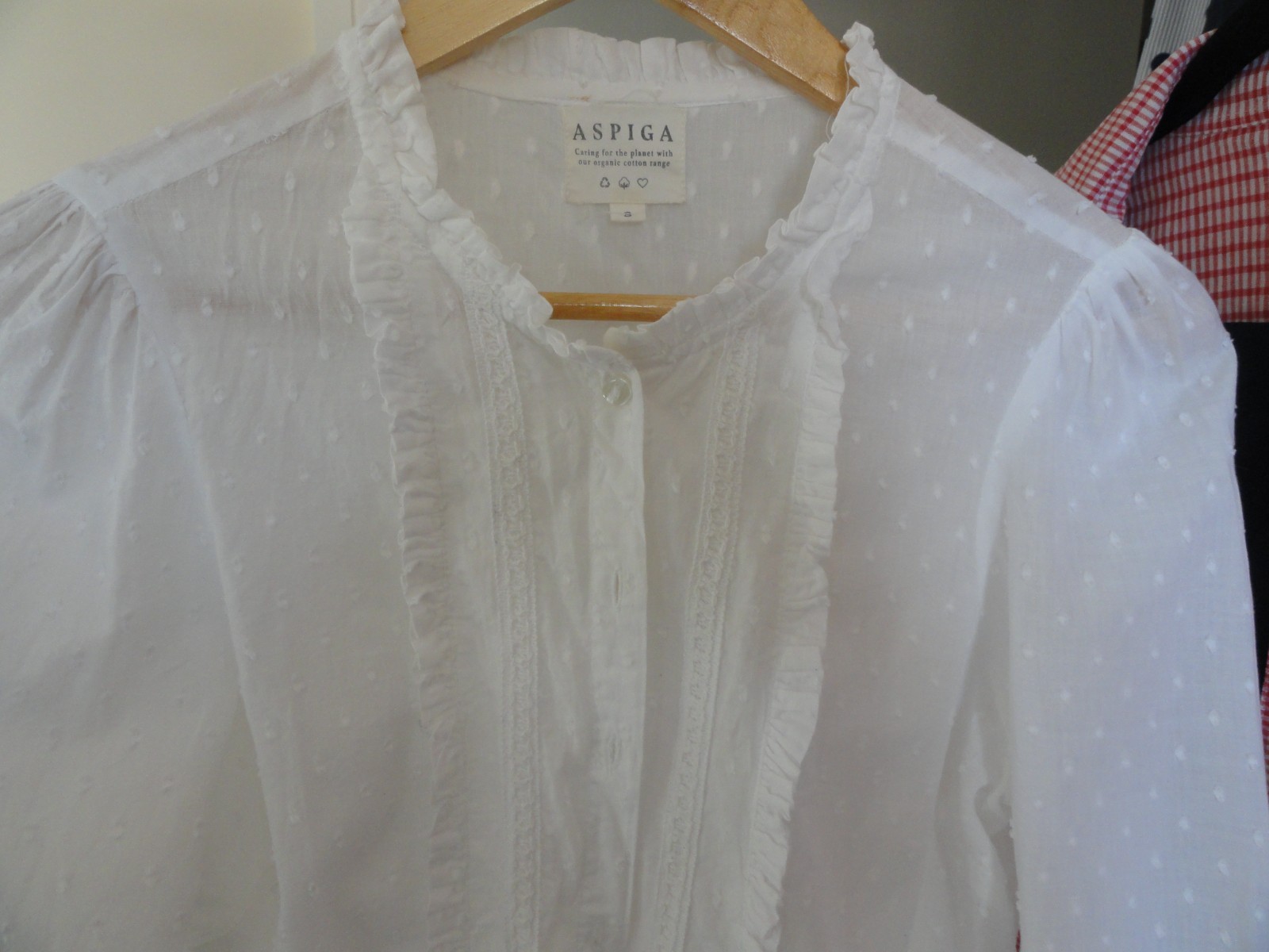 ASPIGA WOMEN’s WHITE ORGANIC COTTON BLOUSE SHIRT LACE TRIM LONG SLEEVE Size S —