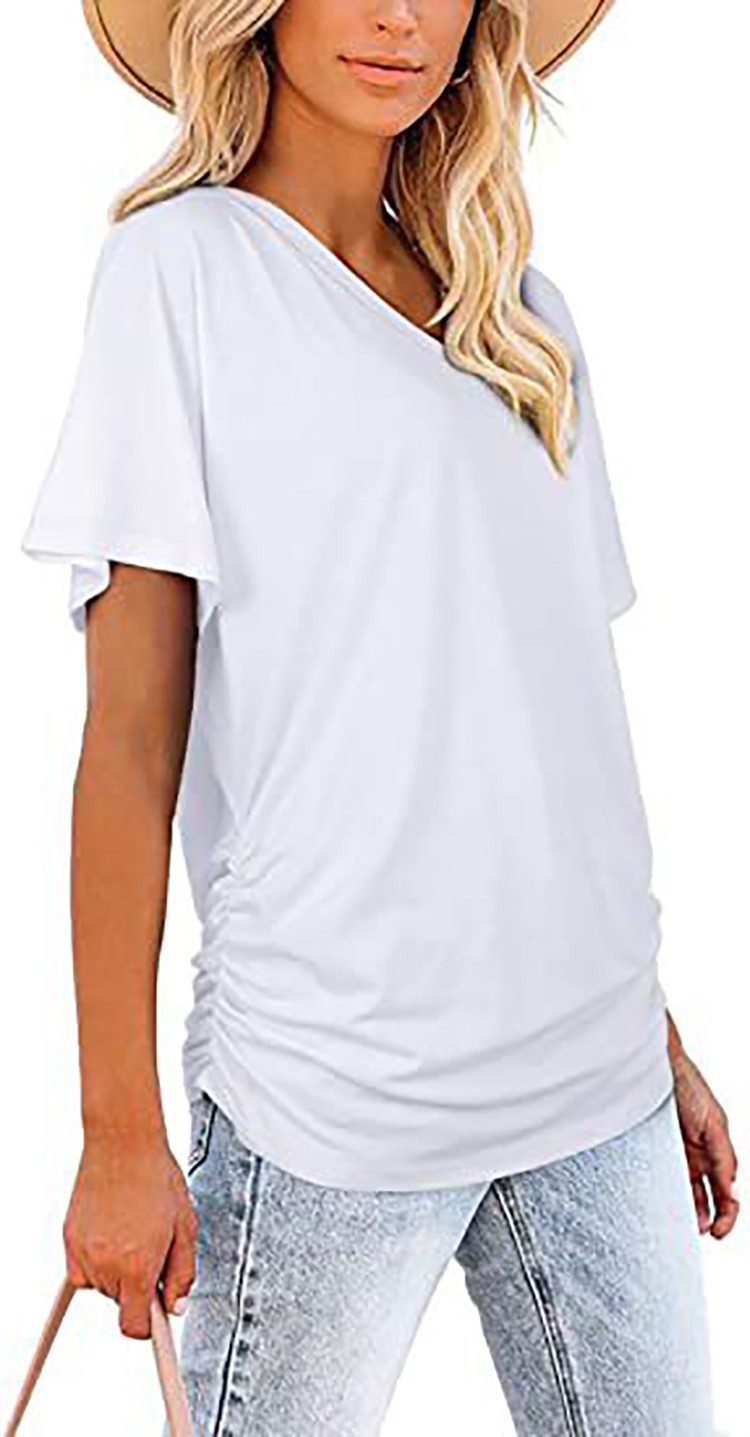 Women’s Solid V-Neck Short Sleeve T-Shirt Loose Cotton Blend Summer Tee Blouse