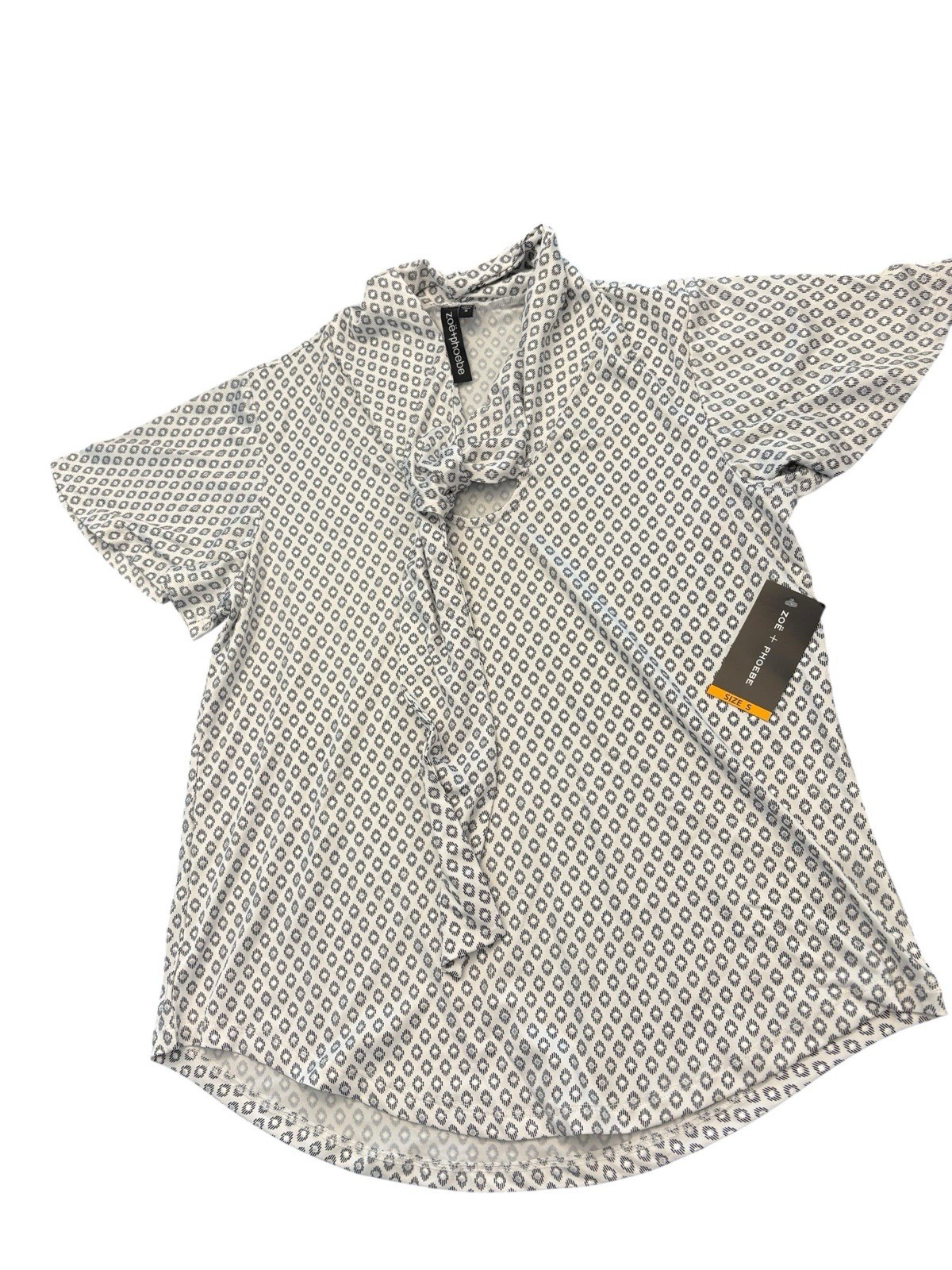 Zoe + Phoebe Blouse Top Short Sleeve Womens Size Small Geometric Print Neck Tie