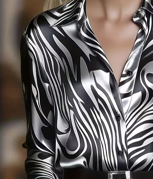 New Sexy Sultry Black & Silver Zebra Print Silky Satin Secretary Blouse Plus 4XL