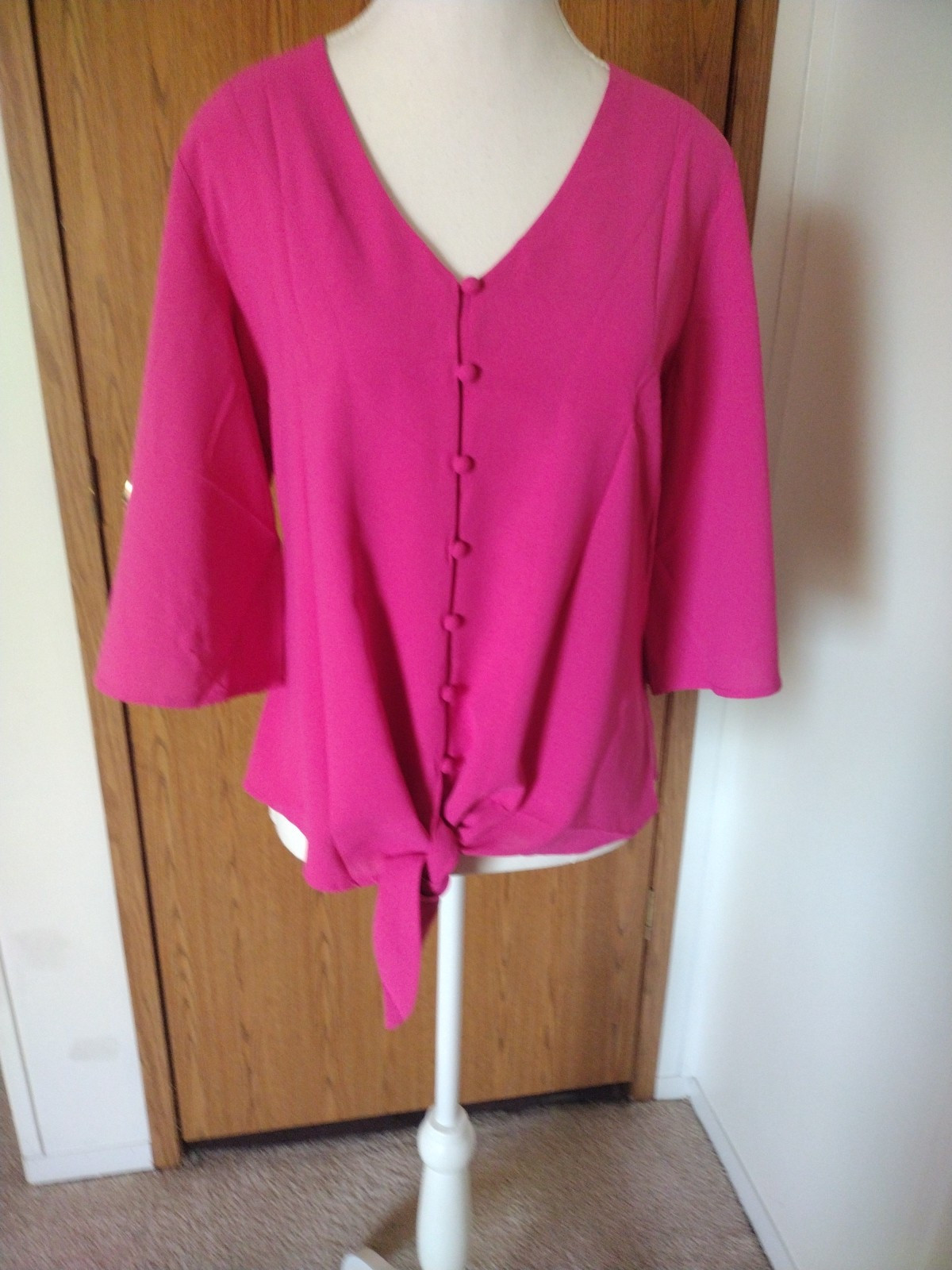 Luvamia Ladies Tops 1 Blue/1 Pink 3/4 Sleeves Button Up Tie At The Bottom Small