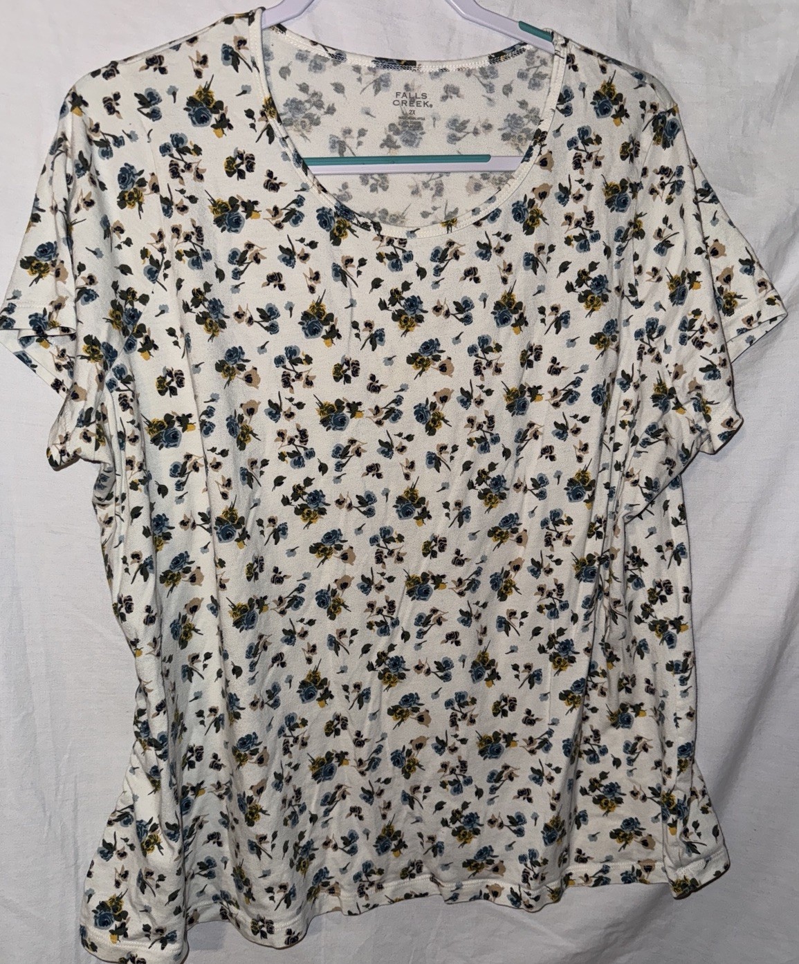 Falls Creek 2X Floral T-Shirt Ivory Blue Yellow Short Sleeve Cotton Modal Tee