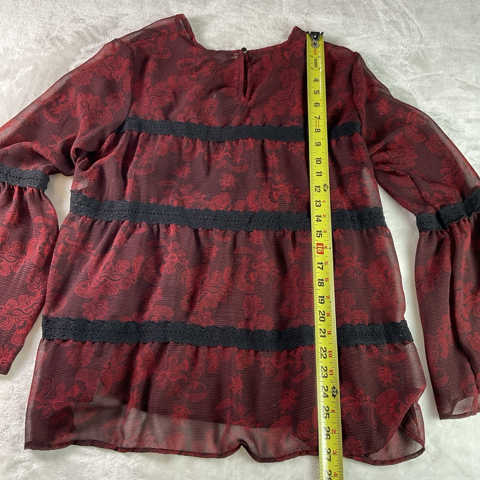 NWT GNW Black Red Floral Sheer Top SZ Large Flare Sleeve Dark Romantic Witchy
